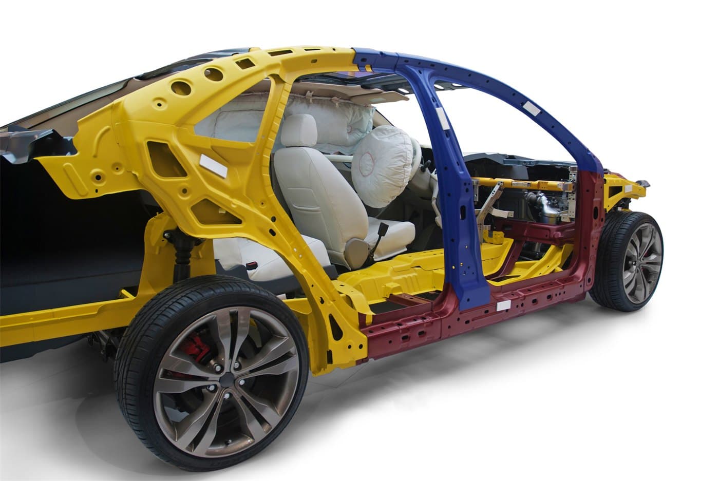 Vehicle body with colour-coded structure and deployed side airbags