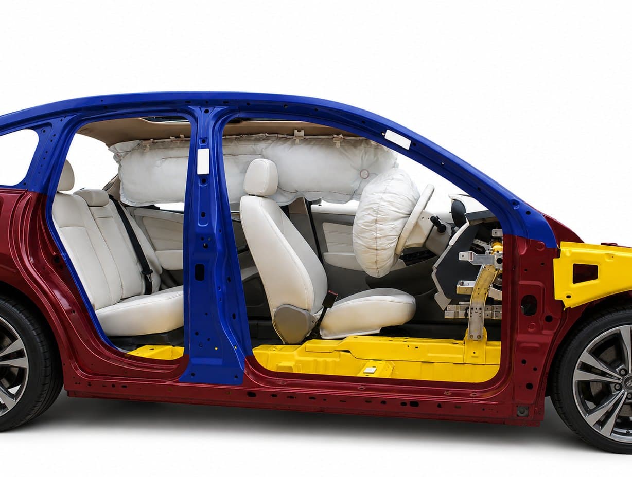 Cabin cutaway with deployed airbags and safety systems